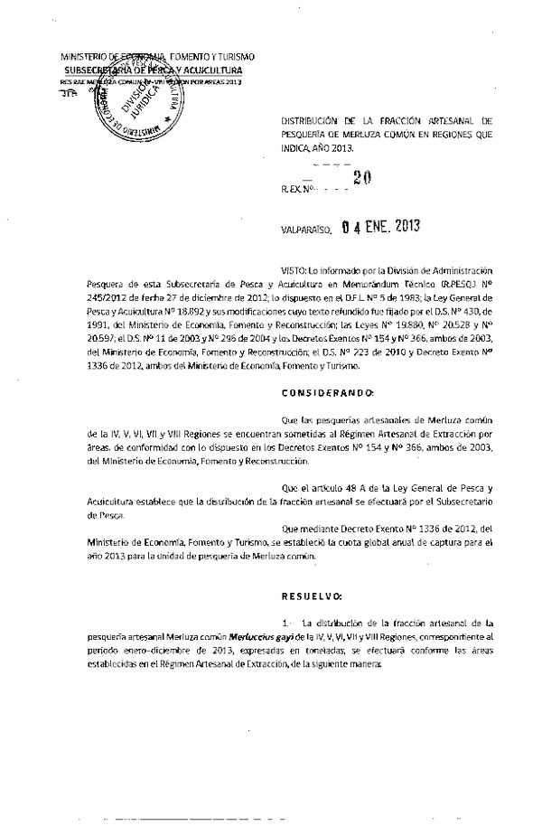 Resolución Nº 20 de 2013, Distribución de la Fracción Artesanal Merluza Común, IV-VIII Región.