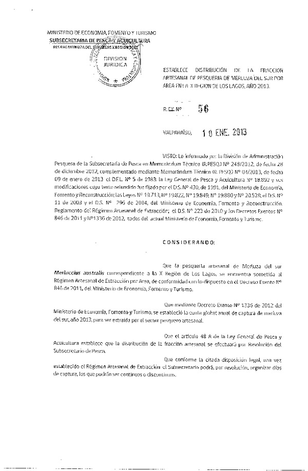 Resolución Nº 56 de 2013, Distribución de la Fracción Artesanal Merluza del Sur, X Región.