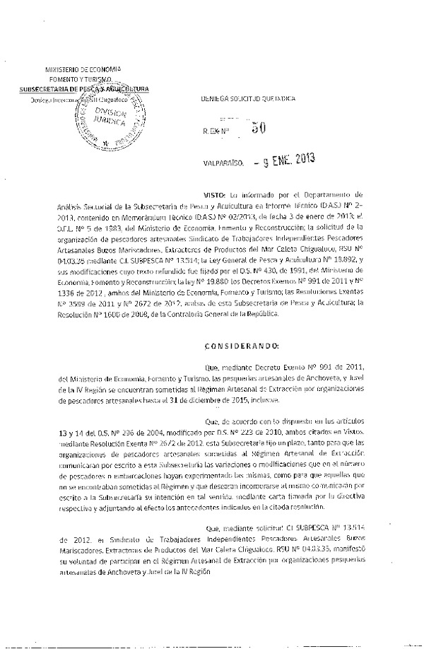 Resolución Nº 50 de 2013, Deniega Solicitud de Participación en el Régimen Artesanal de extracción Artesanal Anchoveta y Jurel, IV Región.