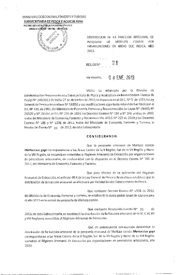 Resolución Nº 21 de 2013, Distribución de la Fracción Artesanal Merluza Común, V-VII-VIII Región.