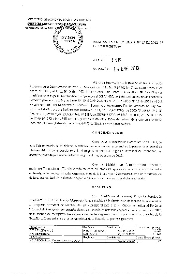 Resolución Nº 116 de 2013, modifica Resolución Nº 37 de 2013 Distribución de la Fracción Artesanal, Merluza del Sur, XI Región.