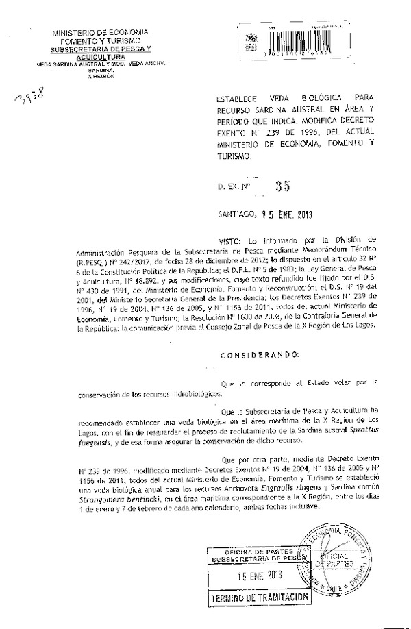 Decreto Nº 35 de 2013, Establece Veda Biológica recurso Sardina Austral, X Región. (F.D.O. 19-01-2013)