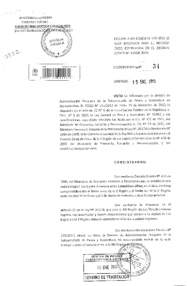 D. EX Nº 34-2013 Excluye a a la XIV Región De Los Ríos de Veda Biológica recurso Erizo. (F.D.O. 19-01-2013)