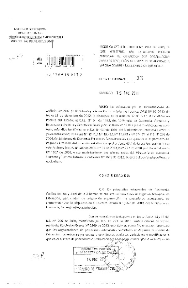 Decreto Nº 33 de 2013, modifica Decreto Nº 1967 de 2009 Régimen Artesanal de Extracción, Anchoveta, Sardina común y Jurel, X Región.