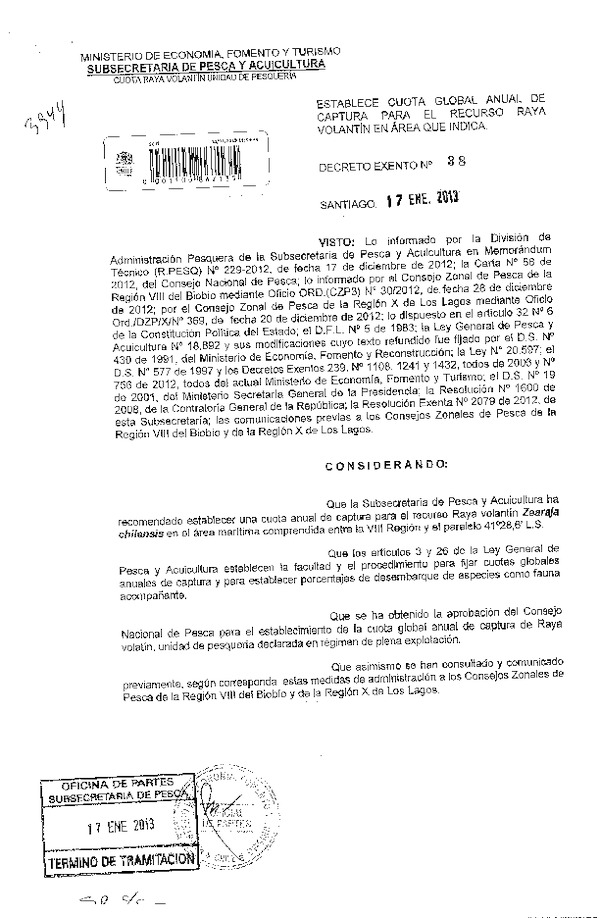 Decreto Nº 38 de 2013, Establece Cuota Global de captura, Raya Volantín, VIII-X Región.