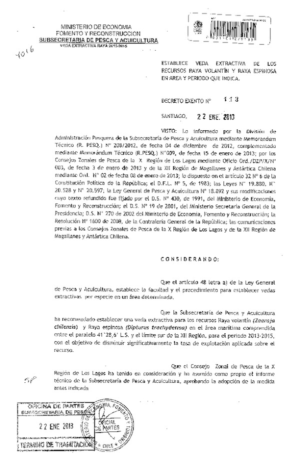Decreto Nº 113 de 2013, Establece Veda Extractiva, raya Volantín y Raya espinosa X-XII Región.