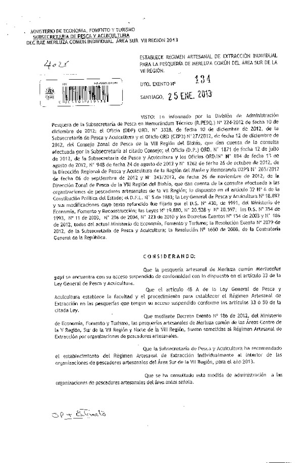Decreto Nº 134 de 2013 Establece Régimen Artesanal de Extracción Merluza Común, VII Región Sur.