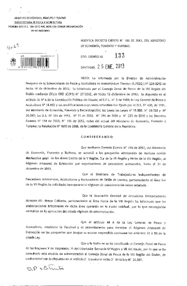 Decreto Nº 133 de 2013 Modifica Decreto Nº 186 de 2012 Régimen Artesanal de Extracción Merluza del Común, VII-VIII Región.