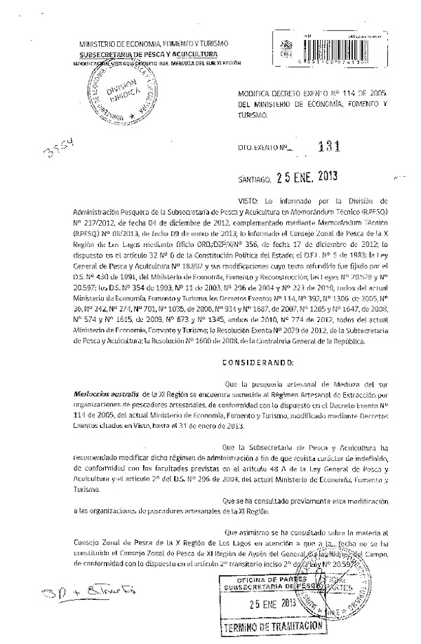 Decreto Nº 131 de 2013 Modifica Decreto Nº 114 de 2005 Régimen Artesanal de Extracción Merluza del Sur, XI Región.
