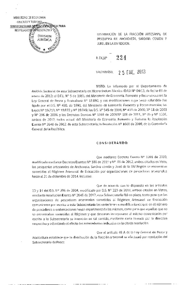 Resolución Nº 224 de 2013, Distribución de la Fracción Artesanal, Anchoveta, Sardina común y jurel, XIV Región..