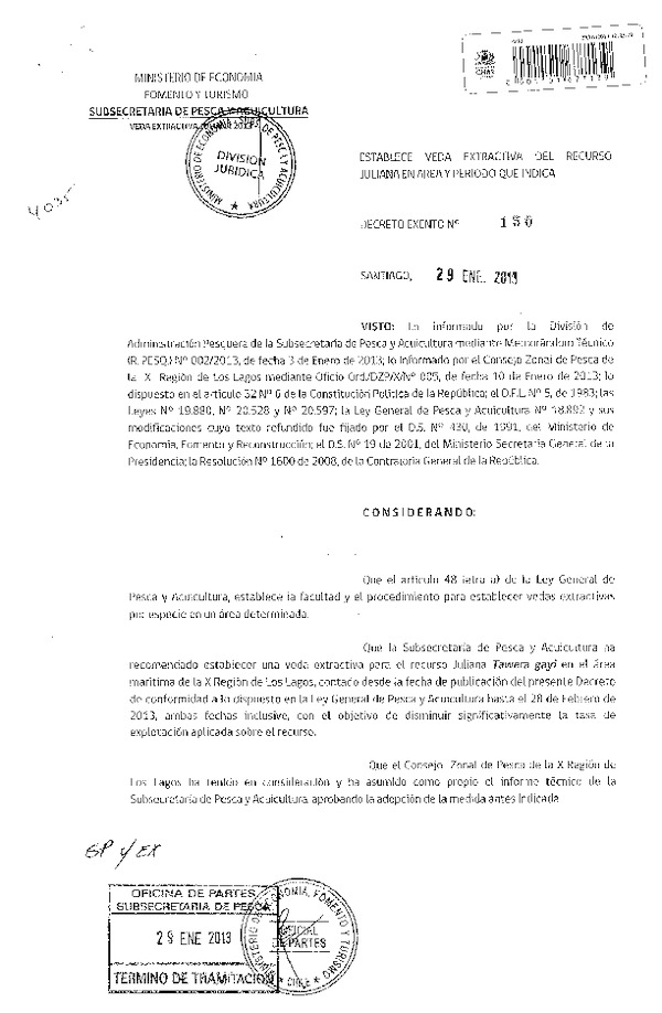 Decreto Nº 150 de 2013, Establece Veda Extractiva del recurso Juliana, X Región.