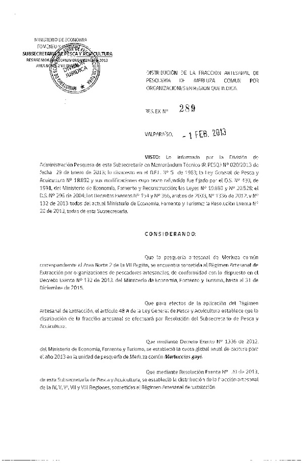 Resolución Nº 289 de 2013, Distribución de la Fracción Artesanal Merluza Común, VII Región.