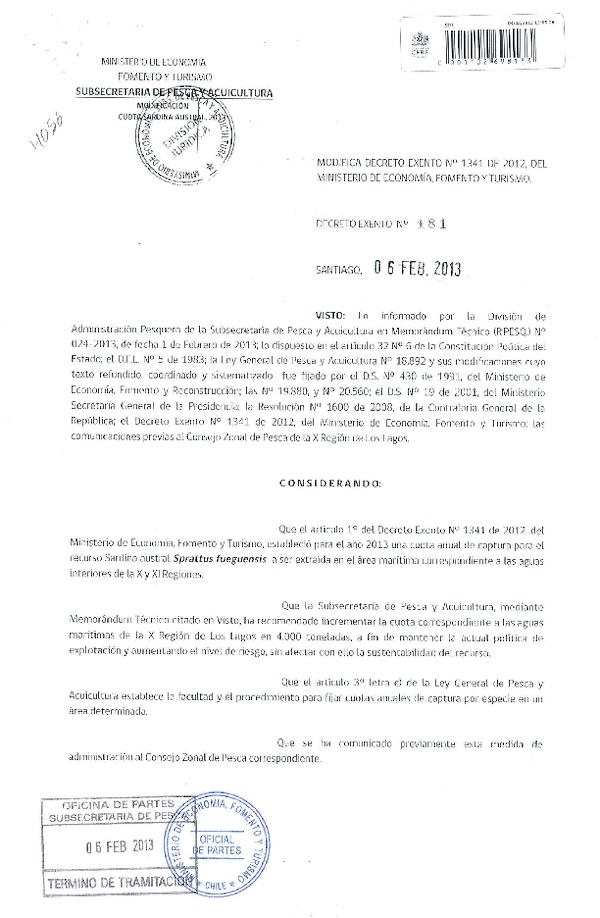Decreto Nº 181 de 2013, Modifica Decreto Nº 1341 de 2012, Cuota de Captura Sardina Austral, X Región.