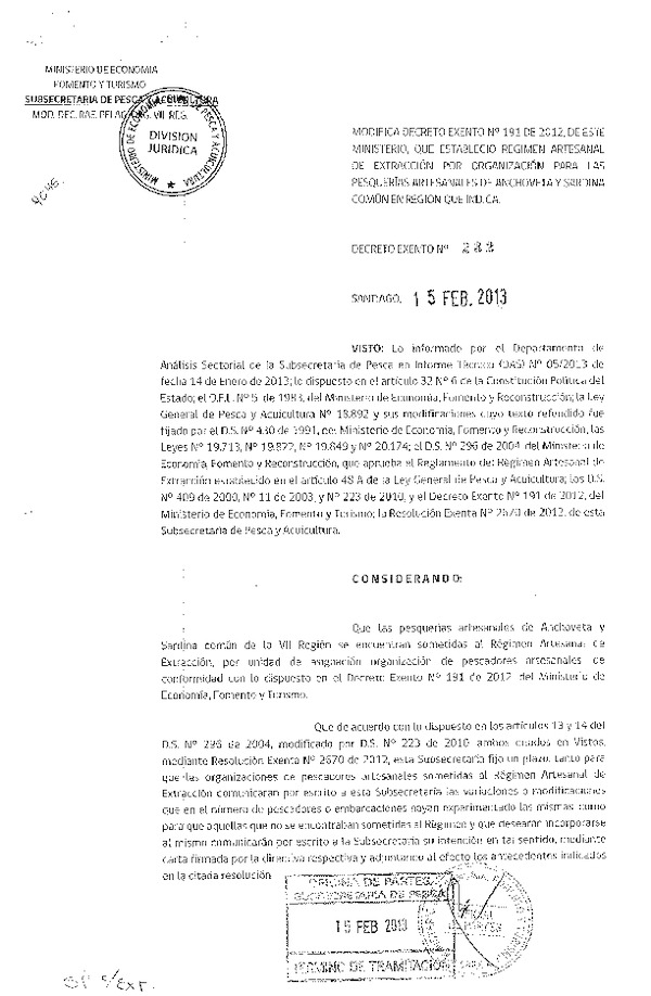 Decreto Nº 232 de 2013 Modifica Decreto Nº 191 de 2012, Régimen Artesanal de Extracción Pelágicos, VII Región.