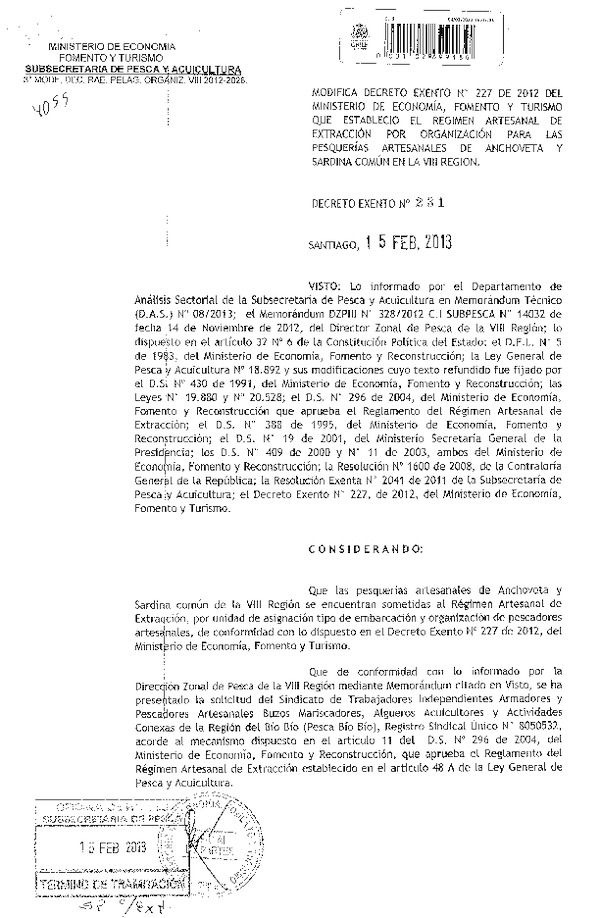 Decreto Nº 231 de 2013 Modifica Decreto Nº 227 de 2012, Régimen Artesanal de Extracción Pelágicos, VIII Región.