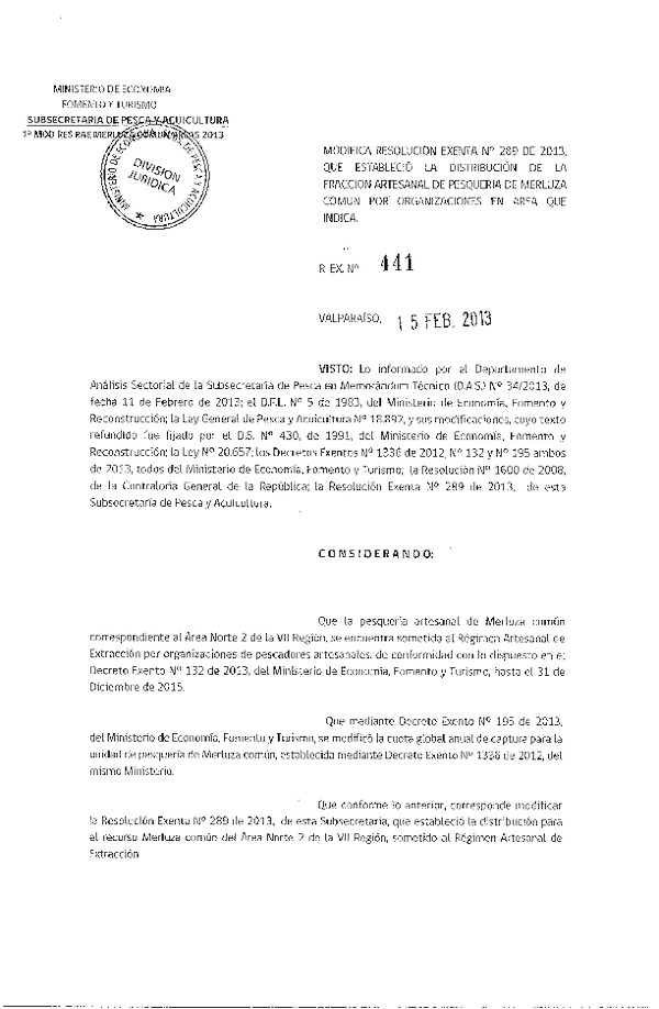 Resolución Nº 441 de 2013, Modifica Resolución Nº 289 de 2013, Distribución de la Fracción Artesanal Merluza común, VII Región.
