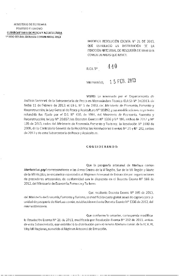 Resolución Nº 440 de 2013, Modifica Resolución Nº 21 de 2013, Distribución de la Fracción Artesanal Merluza común, V, VII-VIII Región.