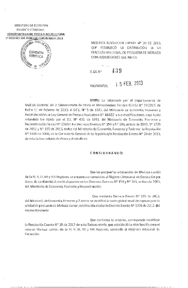 Resolución Nº 439 de 2013, Modifica Resolución Nº 20 de 2013, Distribución de la Fracción Artesanal Merluza común, IV-VIII Región.