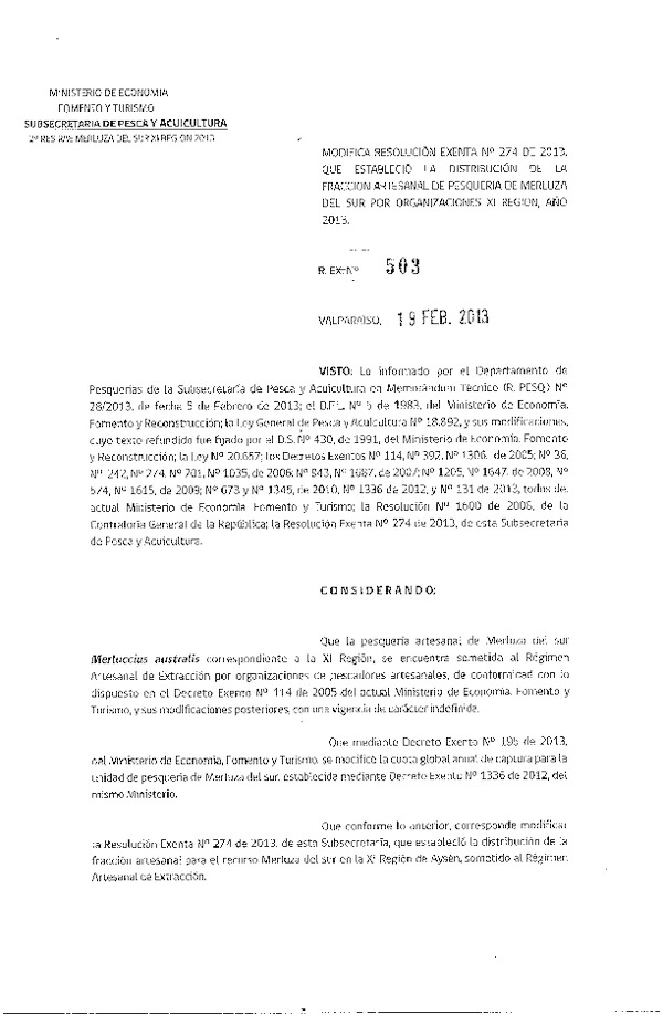 Resolución Nº 503 de 2013, Modifica Resolución Nº 274 de 2013, Distribución de la Fracción Artesanal Merluza del sur, XI Región.