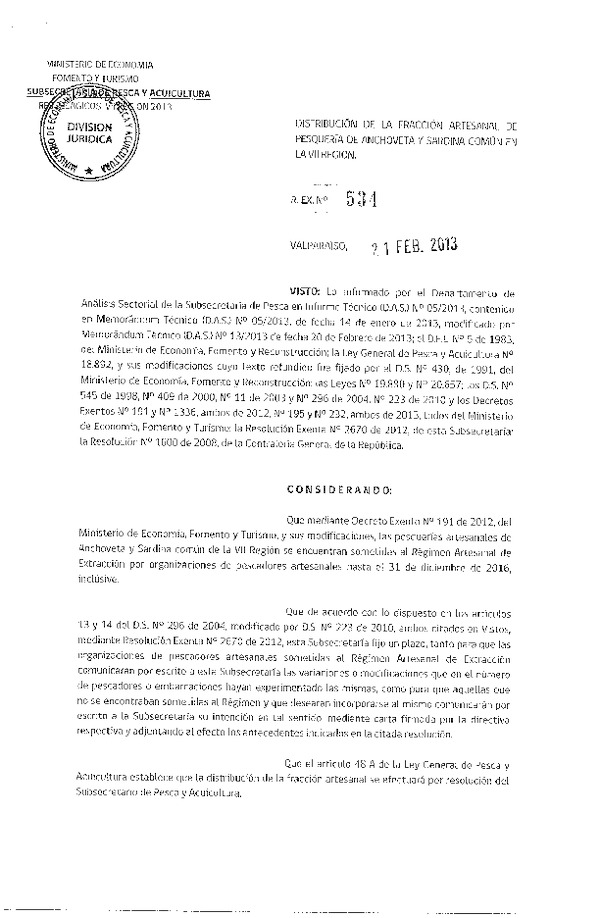 Resolución Nº 534 de 2013, Distribución de la Fracción Artesanal Anchoveta y Sardina común, VII Región.