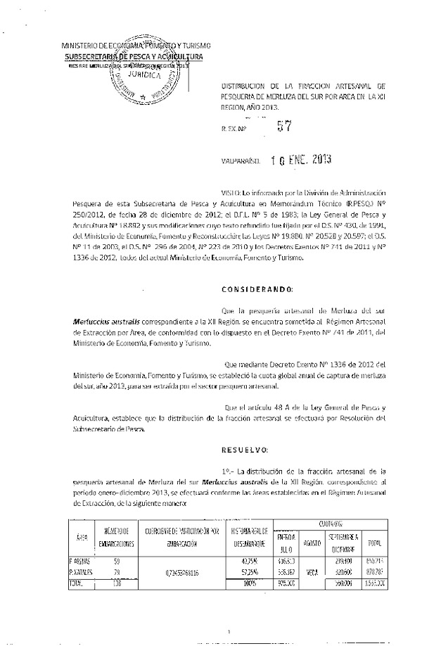 Resolución Nº 557 de 2013, Modifica Resolución Nº 32 de 2013, Distribución de la Fracción Artesanal Anchoveta, Sardina común y Jurel, V Región.