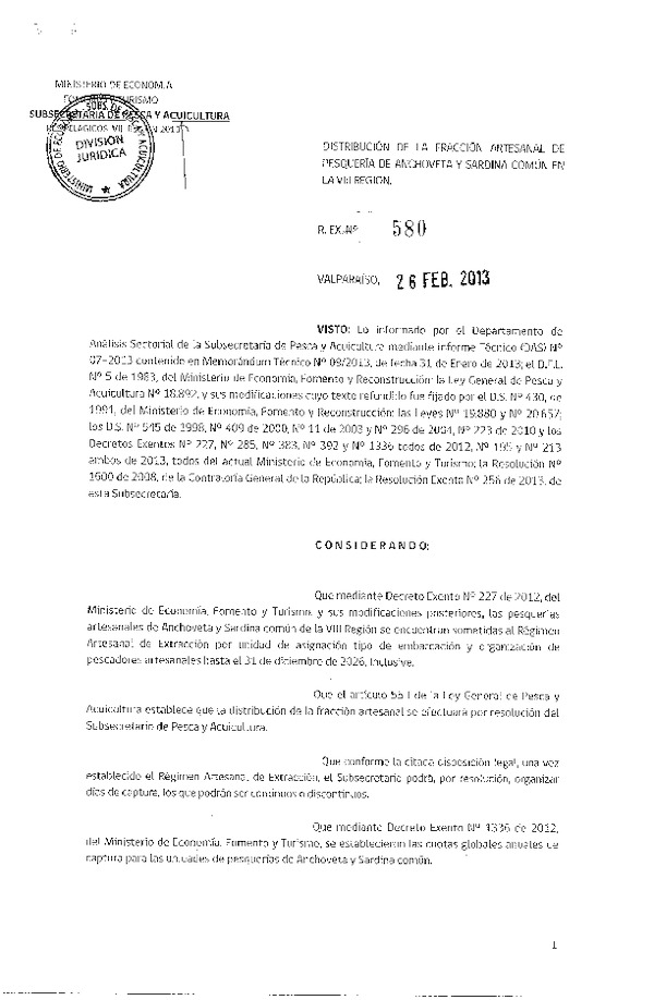 Resolución Nº 580 de 2013, Distribución de la Fracción Artesanal Anchoveta y Sardina común, VIII Región.