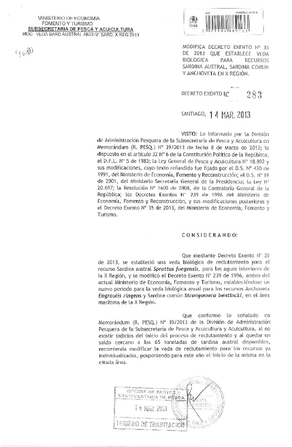 Decreto Nº 283 de 2013 Modifica Decreto Nº 35 de 2013, Veda biológica recursos Sardina Austral, sardina común y Anchoveta, X Región.