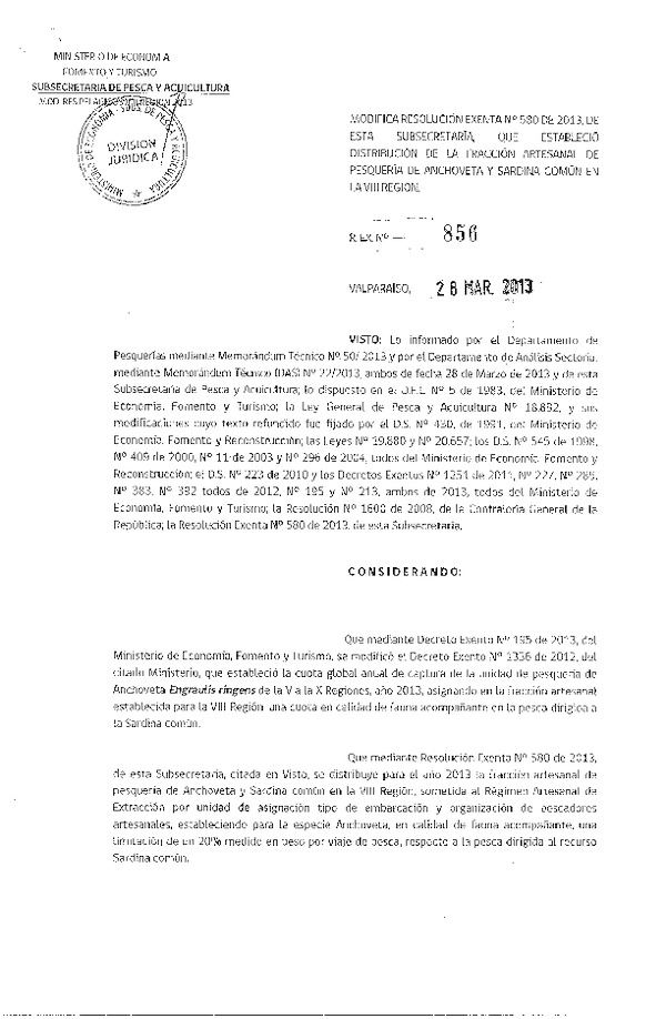 Resolución Nº 856 de 2013, Modifica Resolución Nº 580 de 2013, Distribución de la Fracción Artesanal Anchoveta y Sardina común, VIII Región .