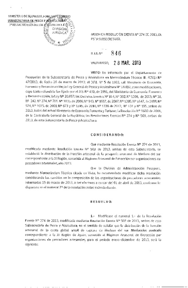Resolución Nº 846 de 2013, Modifica Resolución Nº 274 de 2013, Distribución de la Fracción Merluza del sur, XI Región .
