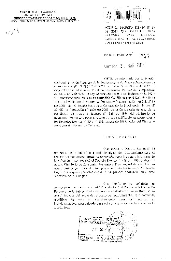 Decreto Nº 327 de 2013 Modifica Decreto Nº 35 de 2013, Veda Biológica Sardina Austral, sardina común y Anchoveta X Región.