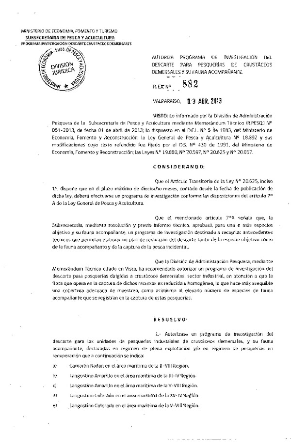 Resolución Nº 882 de 2013, Establece programa de investigación del descarte para Pesquerías de Crustáceos Demersales y su Fauna Acompañante .
