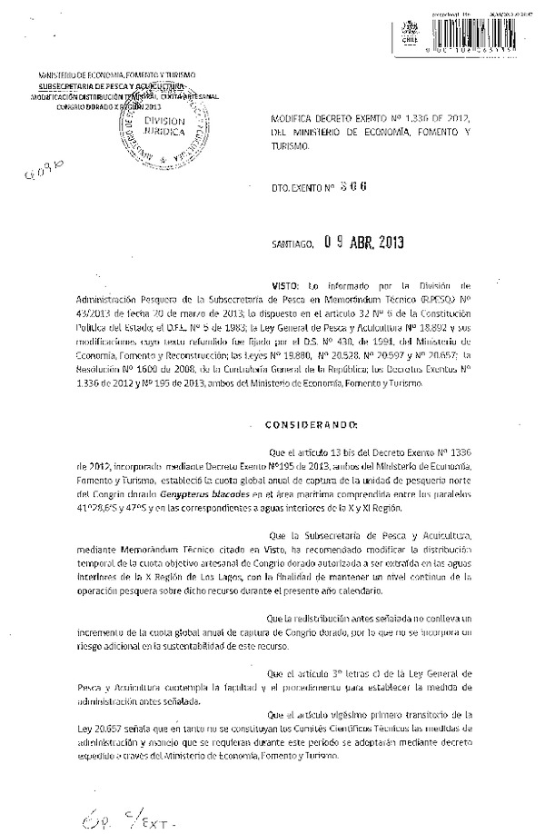 Decreto Nº 366 de 2013 Modifica Decreto Nº 1336 de 2012, Distribución temporal de la cuota Congrio dorado X Región.