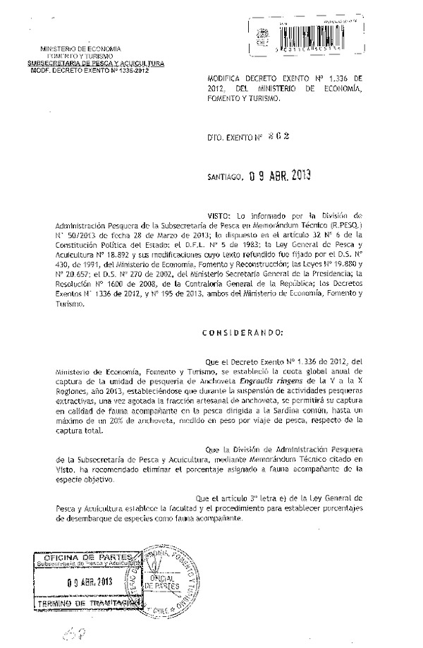 Decreto Nº 362 de 2013 Modifica Decreto Nº 1336 de 2012, Distribución temporal de la cuota Anchoveta.