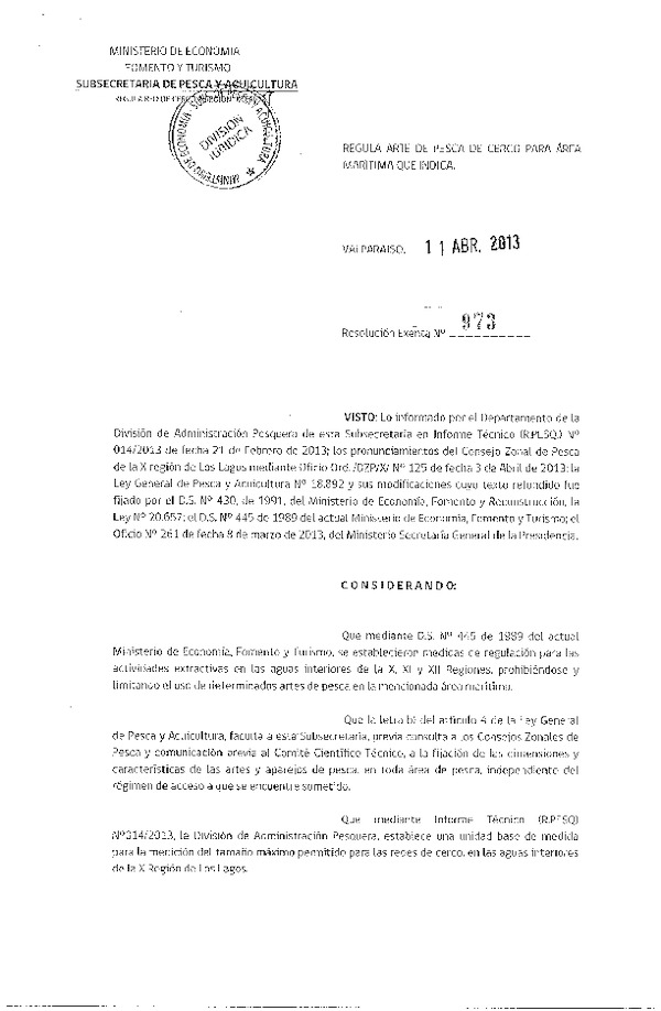 Resolución Nº 973 de 2013, Regula Arte de pesca de Cerco para X Región.