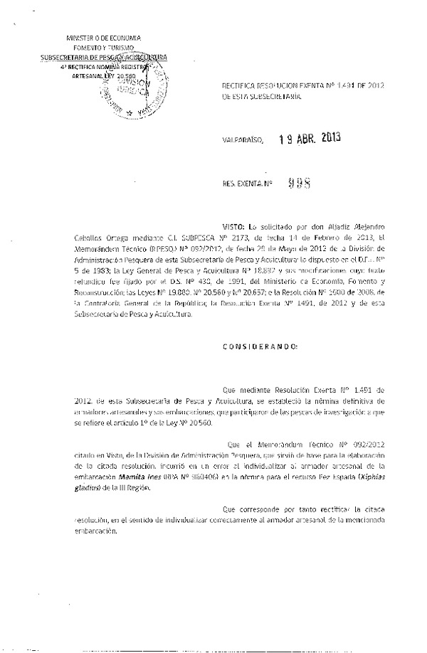 Resolución Nº 998 de 2013, Rectifica Resolución Nº 1491 de 2012. (F.D.O. 24-04-2013)