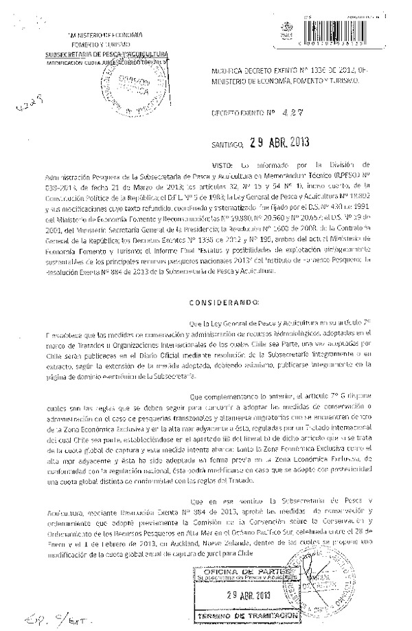Decreto Exento Nº 427 de 2013 Modifica Decreto Nº 1336 de 2012, cuota recurso Jurel XV-X Región. (F.D.O. 10-05-2013)