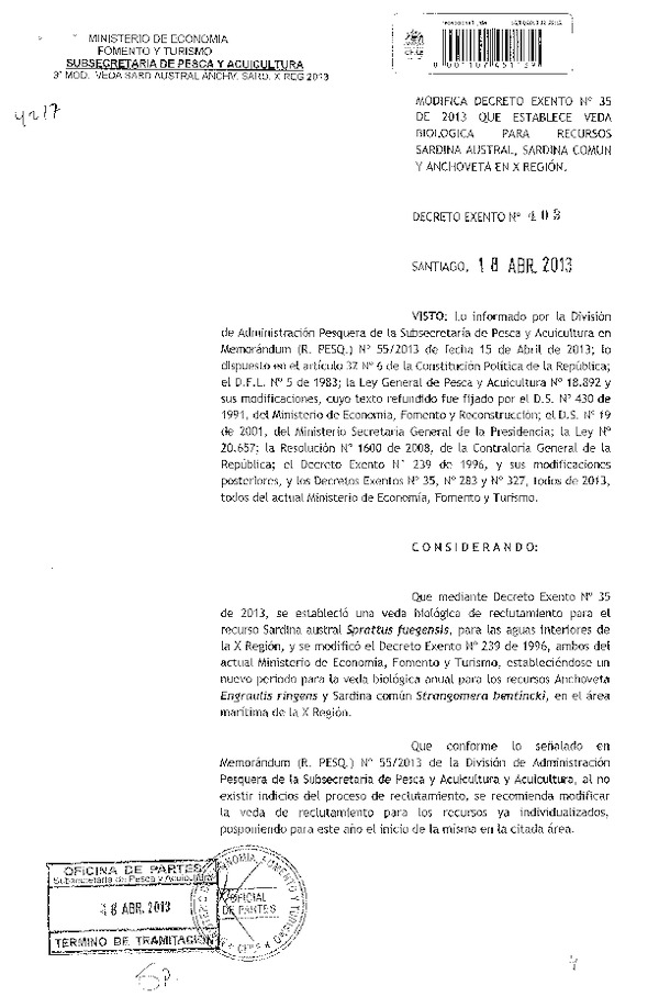 Decreto Exento Nº 403 de 2013 Modifica Decreto Nº 35 de 2013, Veda biológica recurso sardina austral, común y anchoveta. (F.D.O. 13-05-2013)