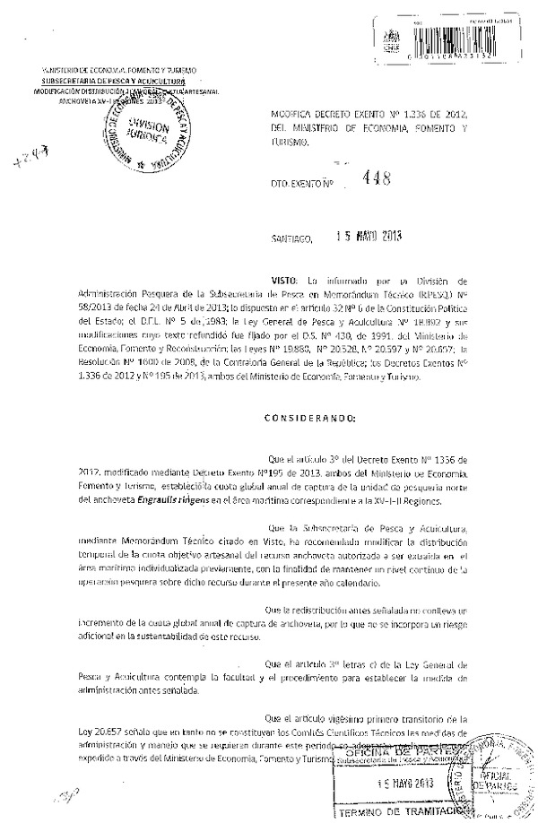 Decreto Exento Nº 448 de 2013 Modifica Decreto Nº 1336 de 2012, cuota recurso Anchoveta XV-I Región. (F.D.O. 24-05-2013)