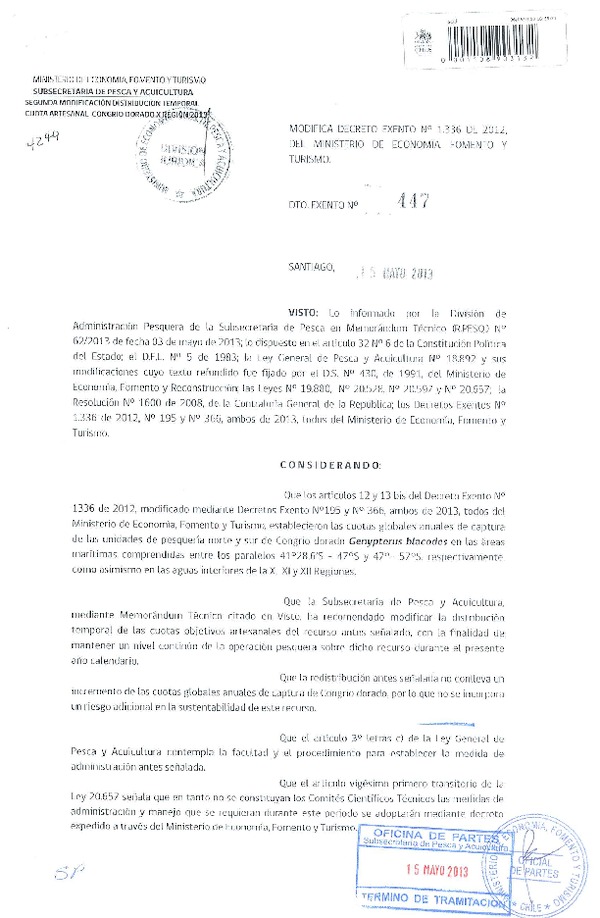 Decreto Exento Nº 447 de 2013 Modifica Decreto Nº 1336 de 2012, cuota recurso Congrio dorado X-XI Región. (F.D.O. 24-05-2013)