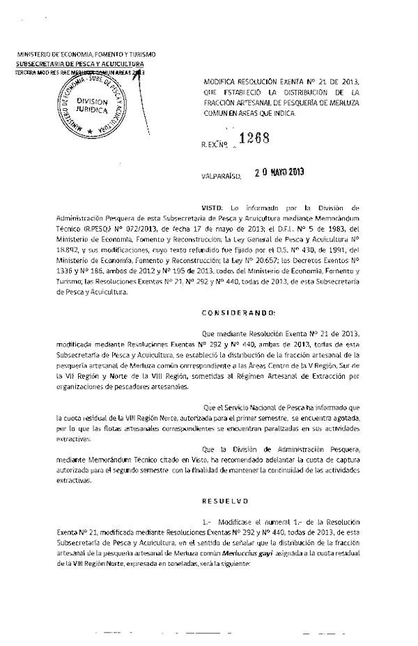 Resolución Nº 1268 de 2013, Modifica Resolución Nº 21 de 2013, Distribución de la Fracción Artesanal Merluza común, VIII Región. (F.D.O. 25-05-2013)