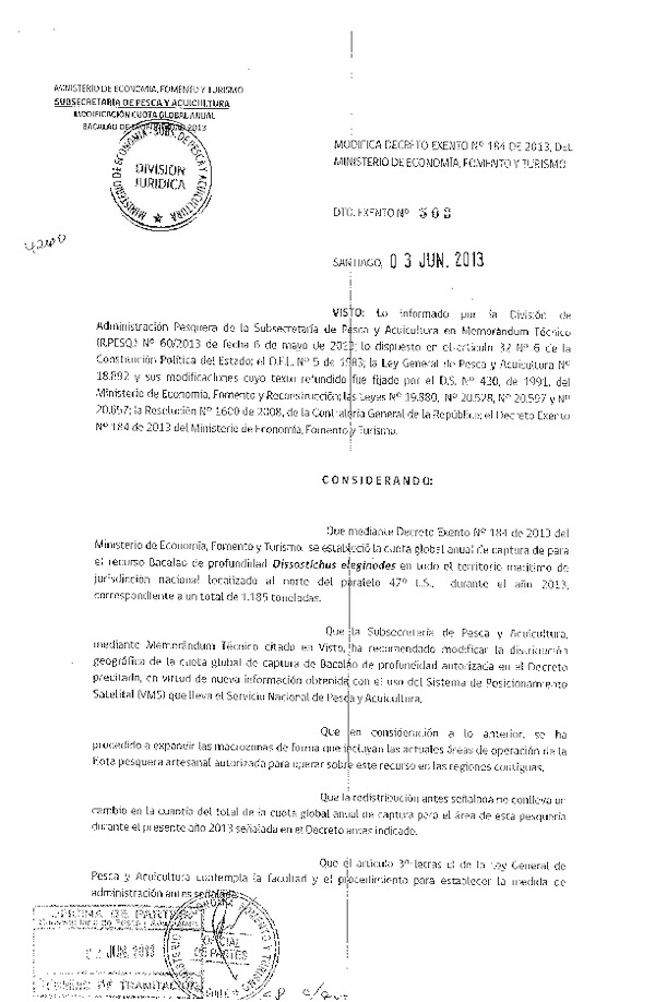 Decreto Exento Nº 503 de 2013 Modifica Decreto Nº 184 de 2013 Distribución de la Cuota global Bacalao de Profundidad al Norte paralelo 47º L.S. (F.D.O. 06-06-2013)
