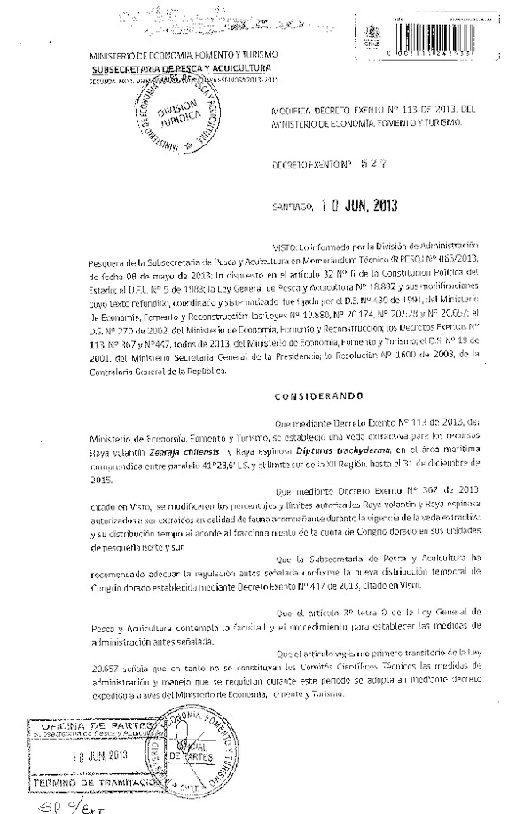 Decreto Exento Nº 527-2013 Modifica D EX Nº 113-2013 veda Raya Volantín y Espinosa. (F.D.O. 15-06-2013)