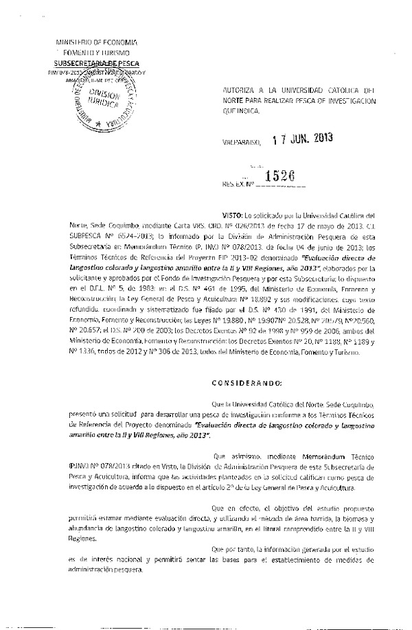 Resolución Nº 1526 de 2013 evalaucion directa de langostino colorado y langostino amarillo II-VIII