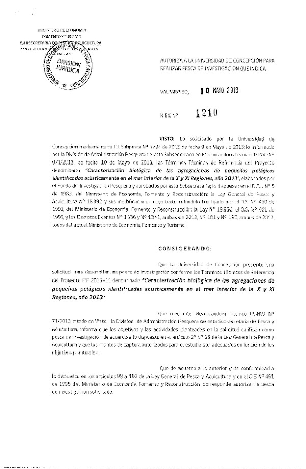 Resolución Nº 1210 de 2013 Caracterización biológica pequeños pelágicos sardina austral, sardina comun y anchoveta X-XI Reg.