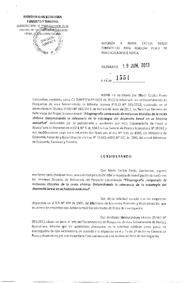 Resolución Nº 1554 de 2013 Filogeografía comparada de moluscos litorales de las costa Chilena