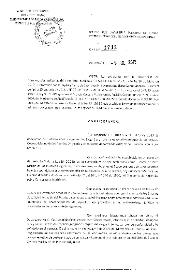 Resolución Nº 1732 de 2013 Deniega solicitud de espacio costero marino budi
