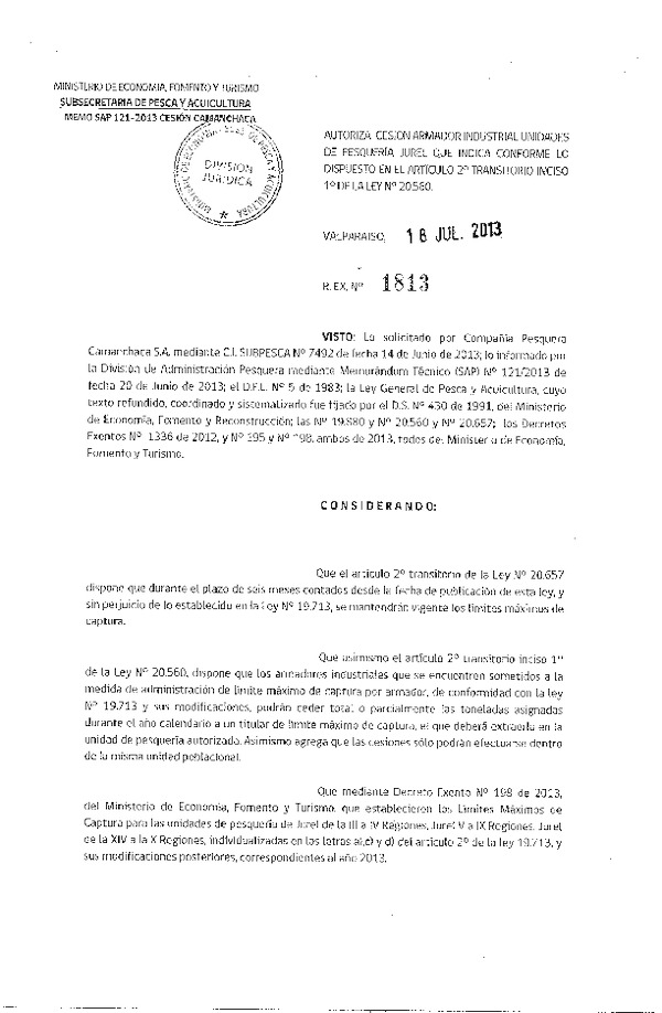 Resolución Nº 1813 de 2013 Autoriza Cesión Industrial Jurel XV-II Región.