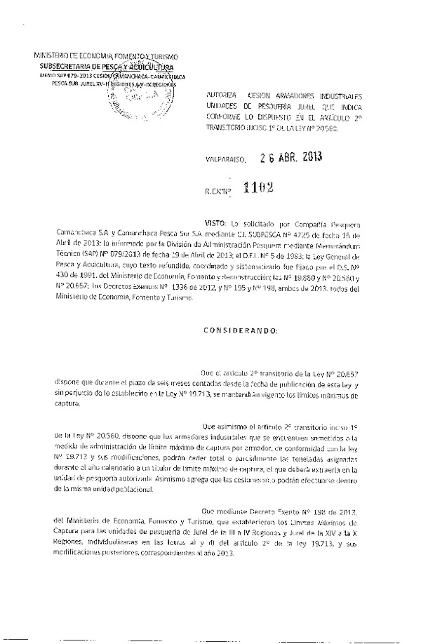 R EX Nº 1102-2013 Autoriza Cesión recurso Jurel XV-II Región.