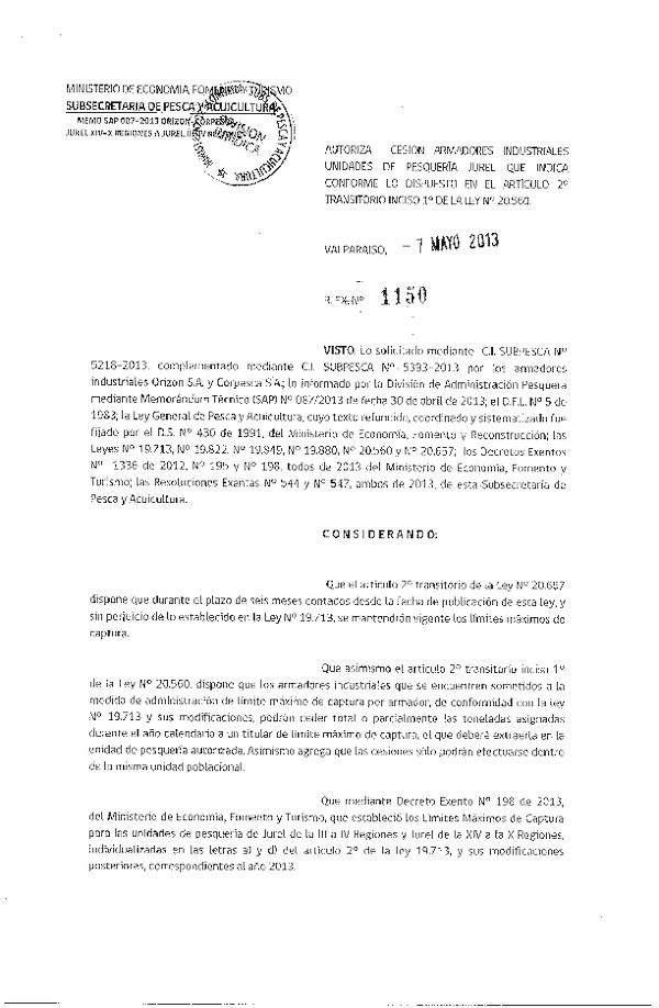 R EX Nº 1150-2013 Autoriza Cesión recurso Jurel XIV-X a III-IV Región.