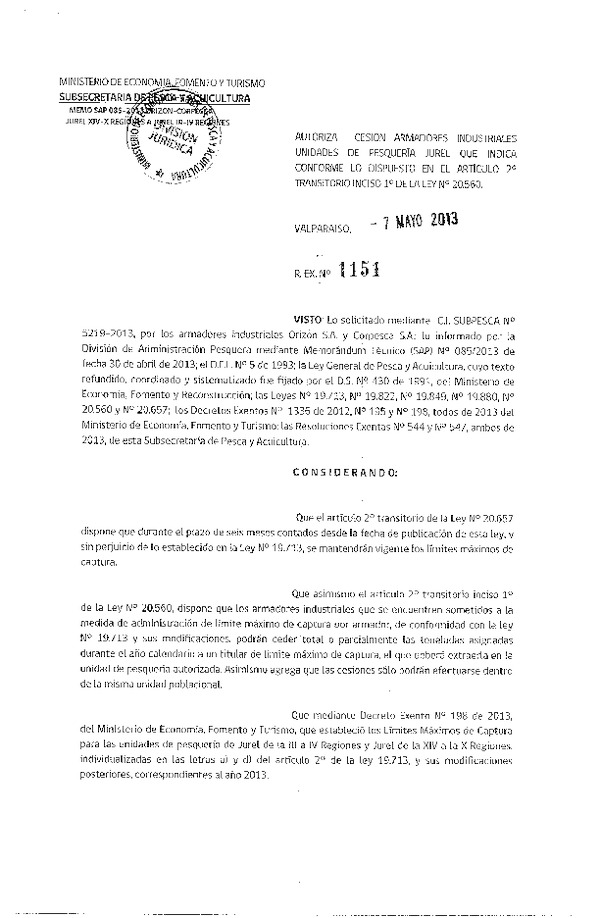 R EX Nº 1151-2013 Autoriza Cesión recurso Jurel XIV-X a III-IV Región.